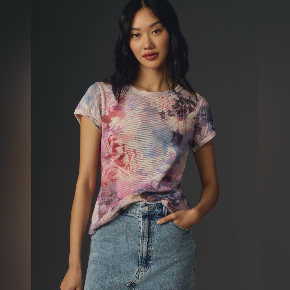 Anthropologie Floral Mesh Top
